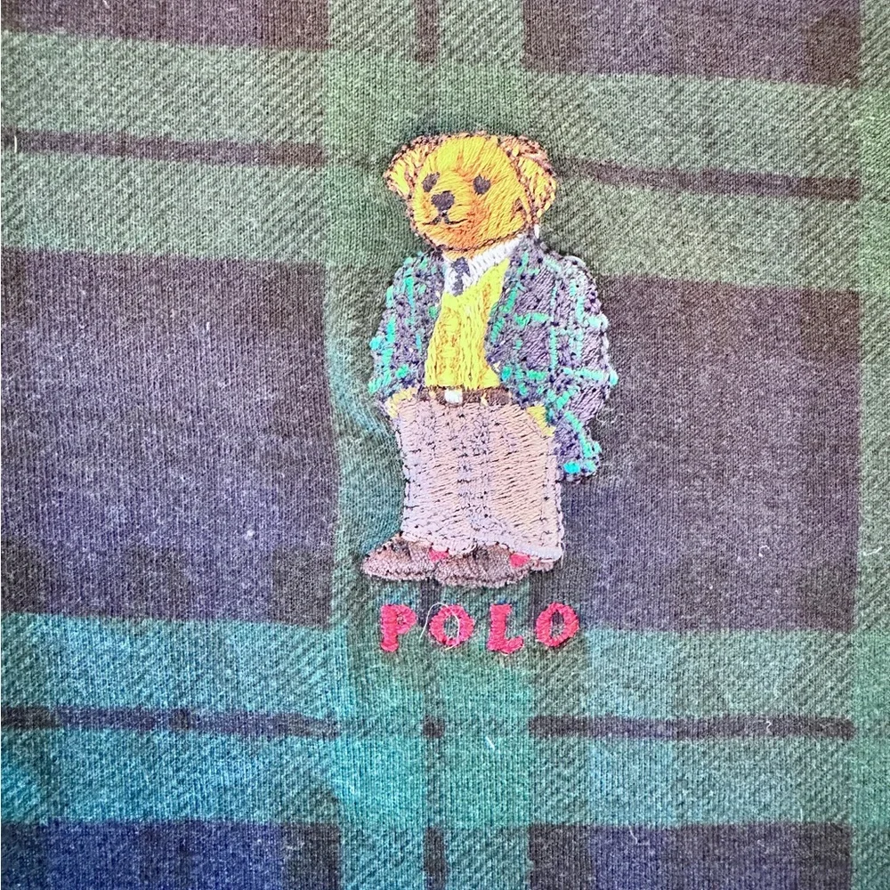 Vtg Polo Ralph Lauren Embroidered Bear Mens Large Green Blue Plaid Polo Shirt